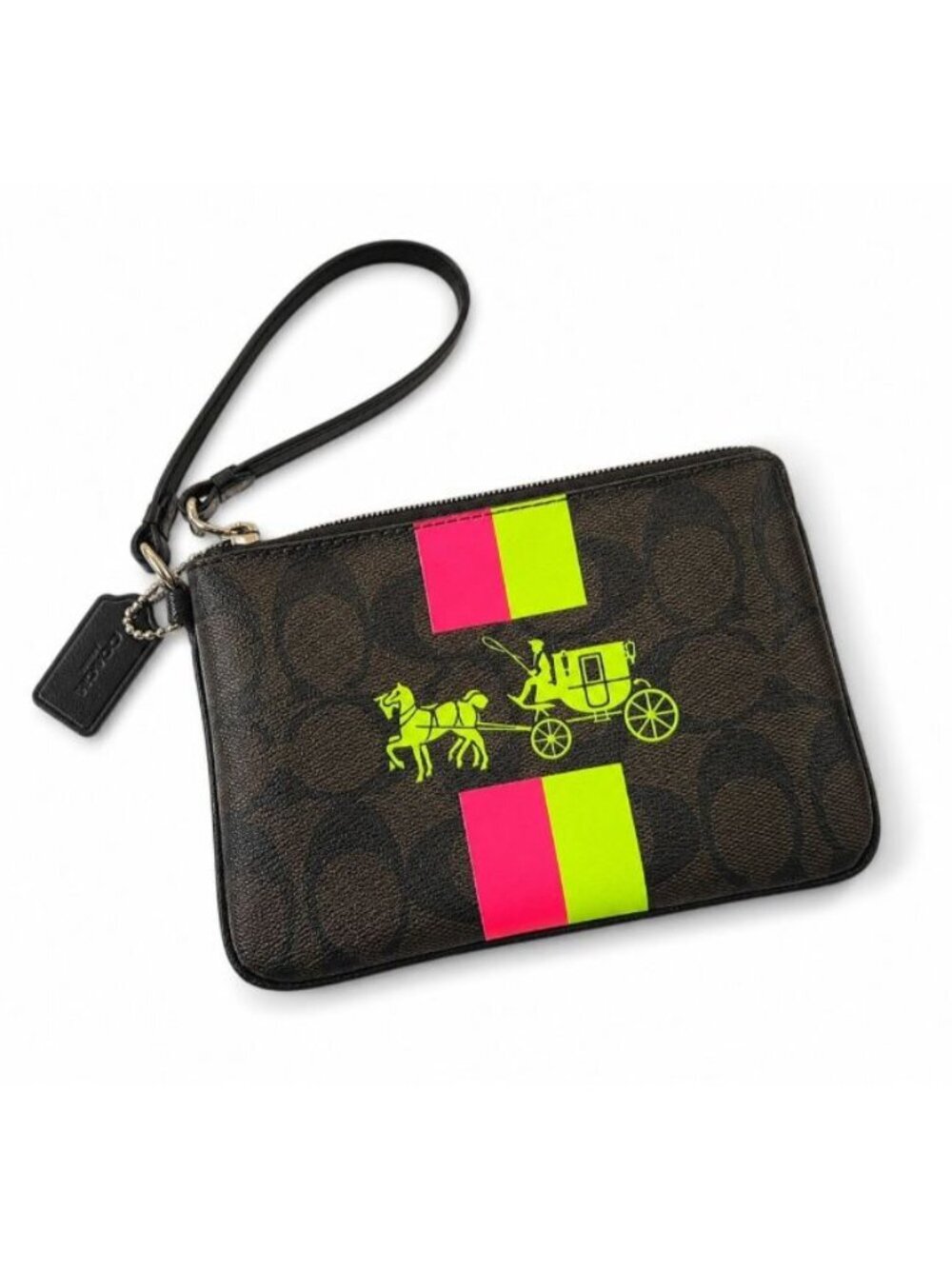 Coach Corner Zip Wristlet Signature Coated Canvas Neon Stripe Horse & Carriage